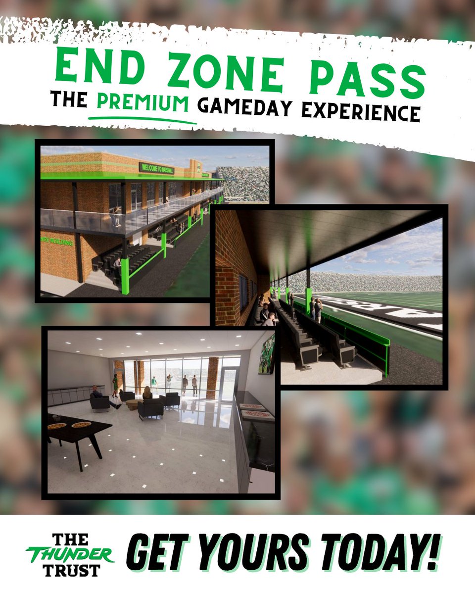 TheThunderTrust's tweet image. 🚨 Upgrade your Herd gameday! 🚨
🏈End Zone Pass = top views, sideline access, food, drinks, AC 🪭 & more!
🎟 All home games + unbeatable fan experience!
🎉 Grab yours now! 🟢⚪ 👉 vist.ly/3n8kqam
#WeAreMarshall #EndZoneExperience #HerdNation #MarshallFootball