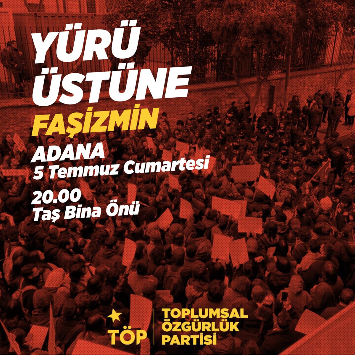 Faşizme Geçit Vermeyeceğiz!

Seçilmiş belediyelere yapılan hukuksuz operasyonlara dur demek için, halk muhalefetini bastırmak için yargıyı siyasallaştıran Akp- Mhp rejimine  dur demek için bugün 20:00’de Taş Bina önündeyiz✌️

Kurtuluş yok tek başına ya hep beraber ya hiçbirimiz✌️