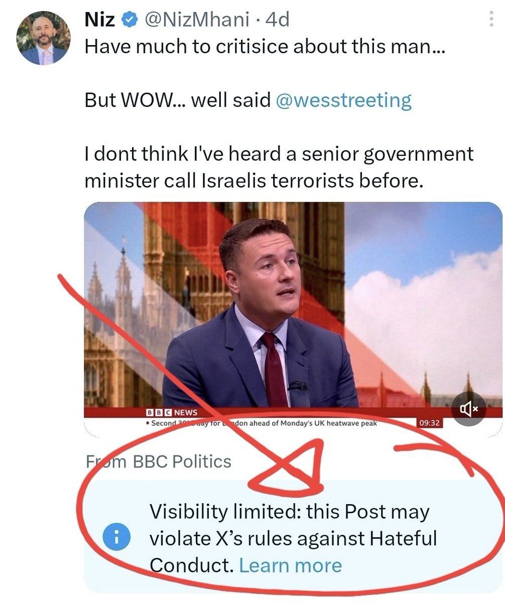 This is a minister calling Israeli settlers "terrorists". I commented "well said" &amp; that I'd not heard that language from a minister before.

That crossed a red line for twitter.
It deemed it "HATEFUL CONDUCT".

Meanwhile, you're allowed to support the slaughter of Palestinians.
