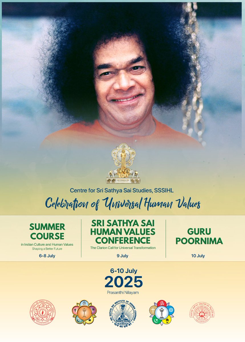 SSSIHL's tweet image. We’re pleased to share the detailed schedule for the upcoming Celebration of Universal Human Values, from 6–10 July 2025 at Prasanthi Nilayam.
View Schedule: sssihl.edu.in/universal-huma…
For more: sssihl.edu.in/summer-course-…
#humanvalues #summercourse #srisathyasaicentenarycelebrations