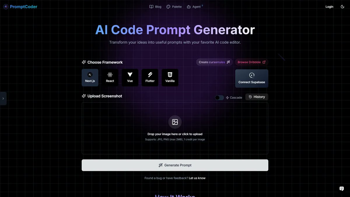 halo_tool's tweet image. 1. Turn UI designs into code prompts with PromptCoder. Just upload a screenshot, pick your framework, and get AI-generated prompts to speed up development. Works with all major frontend tools.
2. Skip manual translation—let A
halotool.com/tool/promptcod…
#halotool #AICodeGeneration