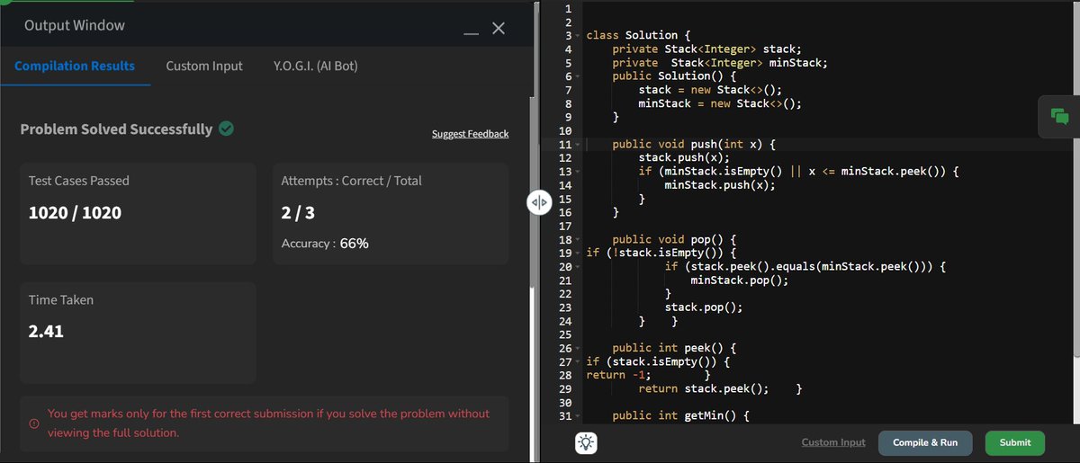 saxenajahnvi7's tweet photo. Day 105: Implemented O(1) getMin() using auxiliary stack - because every operation matters! #StackHacks #DSADaily #gfg160 #geekstreak2025 #foryou https://t.co/qnvPAhQPeV