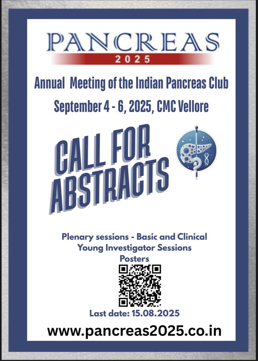 Calling all the researchers! PANCREAS 2025 is at CMC Vellore, Sept 4-6, 2025. Submit your abstracts for plenary &amp; young investigator sessions by Aug 15. Don't miss this opportunity to share your research! #Pancreas2025 🌐pancreas2025.co.in