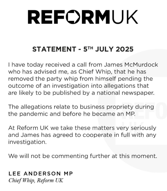 And <a href="/reformparty_uk/">Reform UK</a> are back down to 4 MPs again.

McMurdock, not that he ever did anything, quits the Party over 'allegations to be published'.