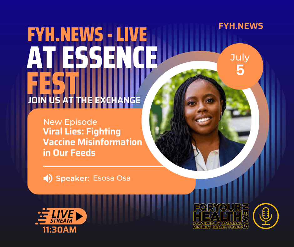 🚨 LIVE from Essence Fest — hubs.la/Q03vT34j0 presents:
“Viral Lies: Fighting Vaccine Misinformation in Our Feeds”
🗓 July 5 | 🕦 11:30 AM | 📍 The Exchange

Featuring Esosa Osa
Join us to tackle the dangerous spread of falsehoods online.
#VaccineFacts #HealthEquity