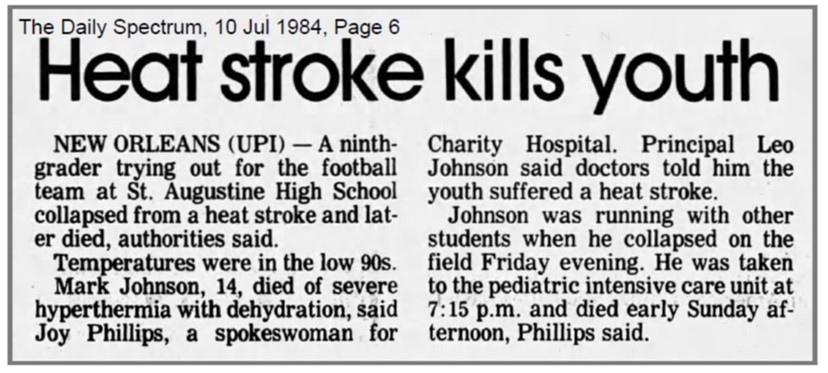 okatc_scott's tweet image. 14-year-old Mark Johnson, “a huge specimen of a kid,” ran 1.5 miles on July 5. He took a 15-min break. Then, in the series of 40-yd sprints, Mark collapsed on his 3rd. He died of football EHS three days later on July 8, 1984.