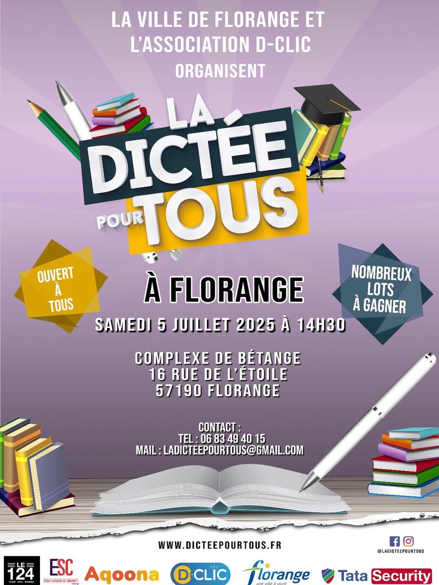 GRANDE DICTÉE (@ladicteept) on Twitter photo 📚✍️ La <a href="/dicteepourtous/">La dictée pour tous</a> débarque à Florange !
La Ville de Florange et <a href="/AssoDClic/">Association D-Clic</a>
vous donnent rendez-vous pour un moment ludique, culturel et intergénérationnel 🧠🤝
📅 Samedi 5 juillet 2025
🌐 dicteepourtous.fr
#dictee #dicteepourtous 📚✍️ La <a href="/dicteepourtous/">La dictée pour tous</a> débarque à Florange !
La Ville de Florange et <a href="/AssoDClic/">Association D-Clic</a>
vous donnent rendez-vous pour un moment ludique, culturel et intergénérationnel 🧠🤝
📅 Samedi 5 juillet 2025
🌐 dicteepourtous.fr
#dictee #dicteepourtous