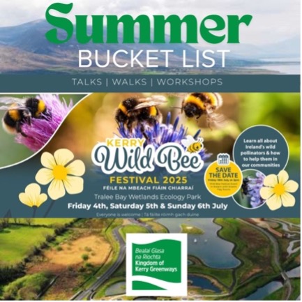 🐝 The Kerry Wild Bee Festival is BUZZING back! 🌼
July 4–18 at Tralee Bay Wetlands — walks, workshops &amp; family fun to celebrate our precious pollinators!
Why not plan a Greenway cycle 🚴‍♀️ from Tralee to Fenit &amp; swing by the festival? Perfect summer day out
#KerryWildBeeFestival