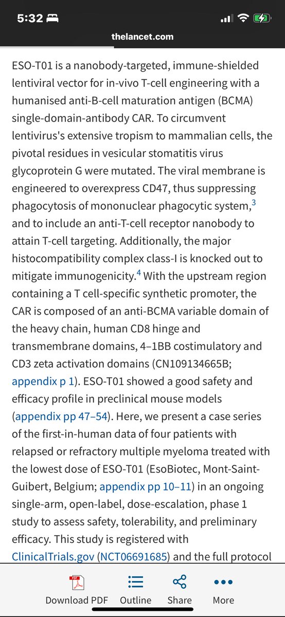 Now in big <a href="/TheLancet/">The Lancet</a> - in vivo 🇨🇳 BCMA CAR in myeloma #MMsm!

Off the shelf in a big way - clever design as ⬇️ including don’t-eat-me and CD47 knockdown.

4 pts who received this did well; most had Gr3 CRS. Circulating 🦠 out in 48 hours, peak 🚗 at D10-17.

Exciting to see!