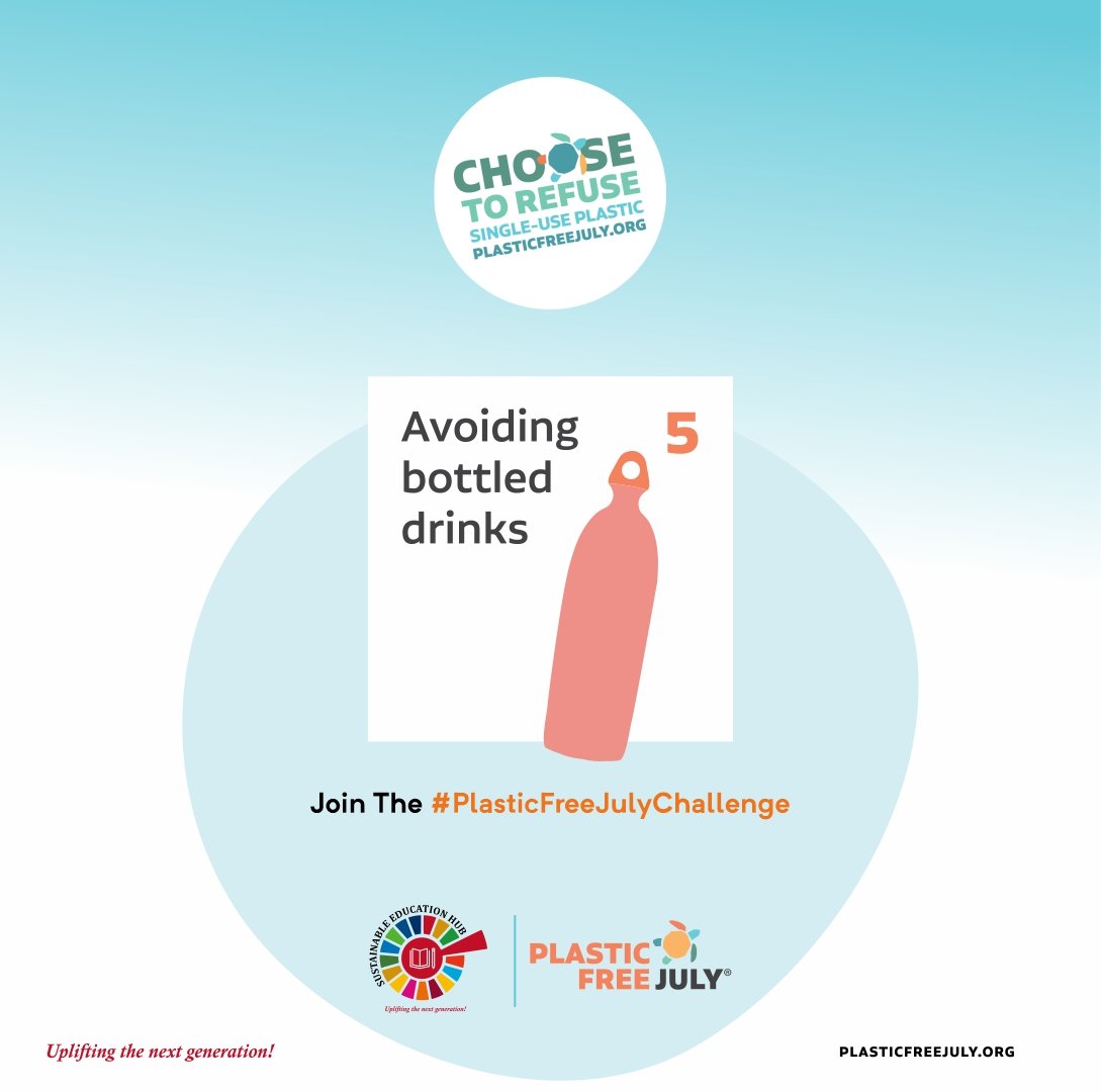 <a href="/seronacbo/">Serona</a> <a href="/PlasticFreeJuly/">Plastic Free July</a> <a href="/MitiAlliance/">Miti Alliance</a> Day 5️⃣

Avoiding bottled drinks: -
This is quite a tough one but collectively we can do this.. E.g Taking your water/Bevs or juice in a glass or glass bottle instead of the one bottled in a single use plastic bottle.

#plasticfreejuly 💪🏾
#PlasticFreeJulyChallenge 🚫