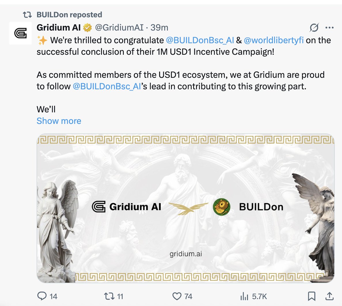 。<a href="/GridiumAI/">Gridium AI</a> 联合 <a href="/BUILDonBsc_AI/">BUILDon</a> 的交易活动圆满结束了，<a href="/BUILDonBsc_AI/">BUILDon</a> 转发评论。

bsc最近的情绪蛮差， $GRDM 昨天几个bsc的车头割肉造成踩踏了，目前稳住了，项目方号还在建设，资源看起来也是挺好的，我继续持有。

0xF625B131336b4544907e160507aa8d8568104444