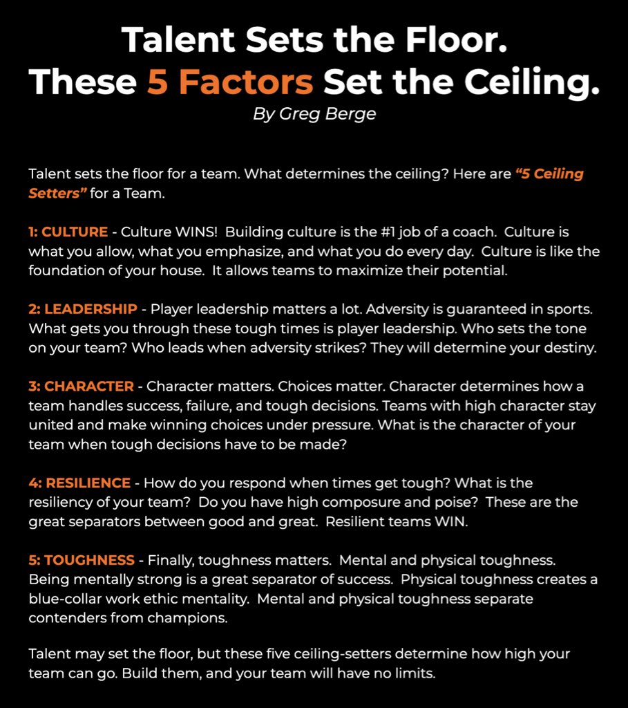 Talent sets the floor. But it won’t take you to the top.

The ceiling is set by:

1, Culture
2. Leadership
3. Character
4. Resilience
5. Toughness

Build those, and your team will have no limits.

🔥 Full breakdown:
