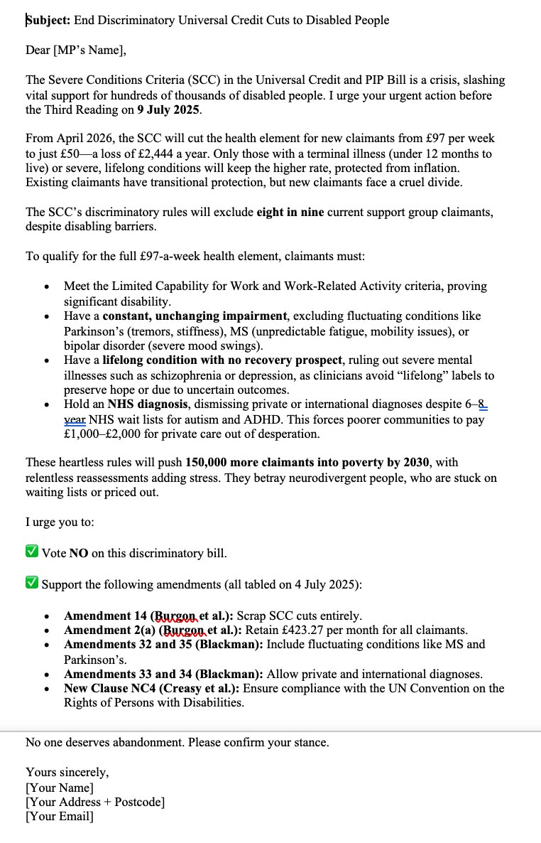 We have a very real chance of getting the UC Health two-tier disaster that remains in the Universal Credit paper dropped. If you haven't already, and have the spoons, please send this email or your own version to your MP. If you do your own, pls mention the amendments👇#BinUCBill