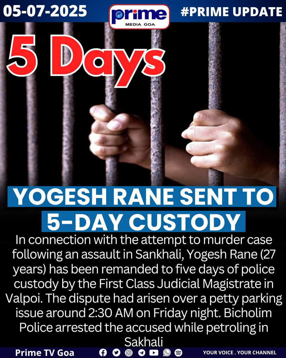 PrimeTVGoa's tweet image. Yogesh Rane Sent to 5-Day Custody

#SankhaliAssault #AttemptToMurder #YogeshRane #BicholimPolice #GoaCrime #ValpoiCourt #PoliceCustody #ParkingDispute #GoaNews