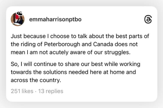 This is exactly what I, and likely 42,890 other #Ptbo Constituents, voted for. Breaking the negative patterns &amp; manipulations of the past might take some getting used to for others, but I for one, applaud this stance. Thank you Emma. #NoMoreMPFerreri