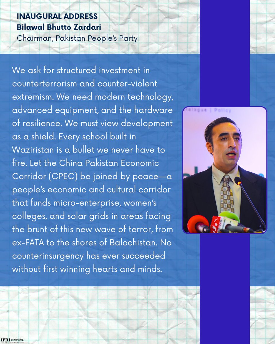 Islamabad Policy Research Institute (@ipri_pak) on Twitter photo IPRI Seminars|
Pakistan: A Bulwark Against Terrorism
Chairman PPP, <a href="/BBhuttoZardari/">BilawalBhuttoZardari</a>'s address at IPRI's International Conference
#IPRIConference2025 #PakistanFightsTerrorism
Watch the address: youtube.com/watch?v=oRWBu9… IPRI Seminars|
Pakistan: A Bulwark Against Terrorism
Chairman PPP, <a href="/BBhuttoZardari/">BilawalBhuttoZardari</a>'s address at IPRI's International Conference
#IPRIConference2025 #PakistanFightsTerrorism
Watch the address: youtube.com/watch?v=oRWBu9…