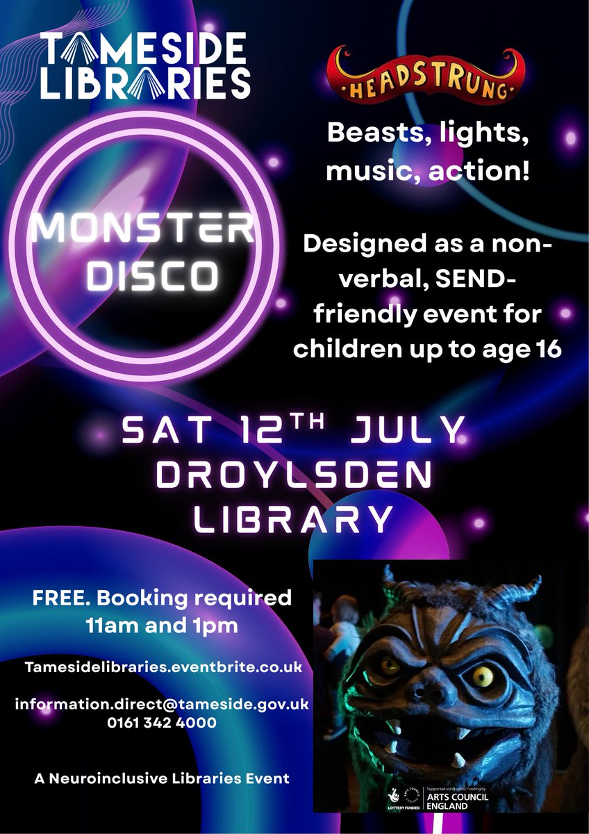 TamesideLibrary's tweet image. We're launching The Neuroinclusive Libraries Project!
This initiative will enhance access to library services via events and resources for neurodivergent individuals.
Highlight Events
Monster Disco|School Run Mum|Pet Therapy|Writing for Neurospicies Masterclass|Film Screenings