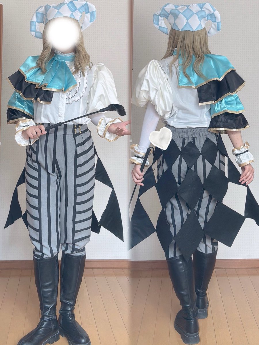 ⚠︎コスプレ⚠︎

氷道化師🧊🤡の衣装できた〜🪄
ズボンと帽子の柄を二次元に寄せたくて、全部手で入れたんだけど、理想の形にできたから大満足😆