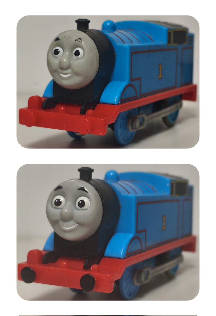 EngineBoyF's tweet image. I find MOTORIZED RAILWAY's Thomas Face mount on Track Matser 2014's R/C Thomas and Smoke Thomas a good match ☺️ And at the same time to re-draw their eyes, re-white teeth, so better🤩