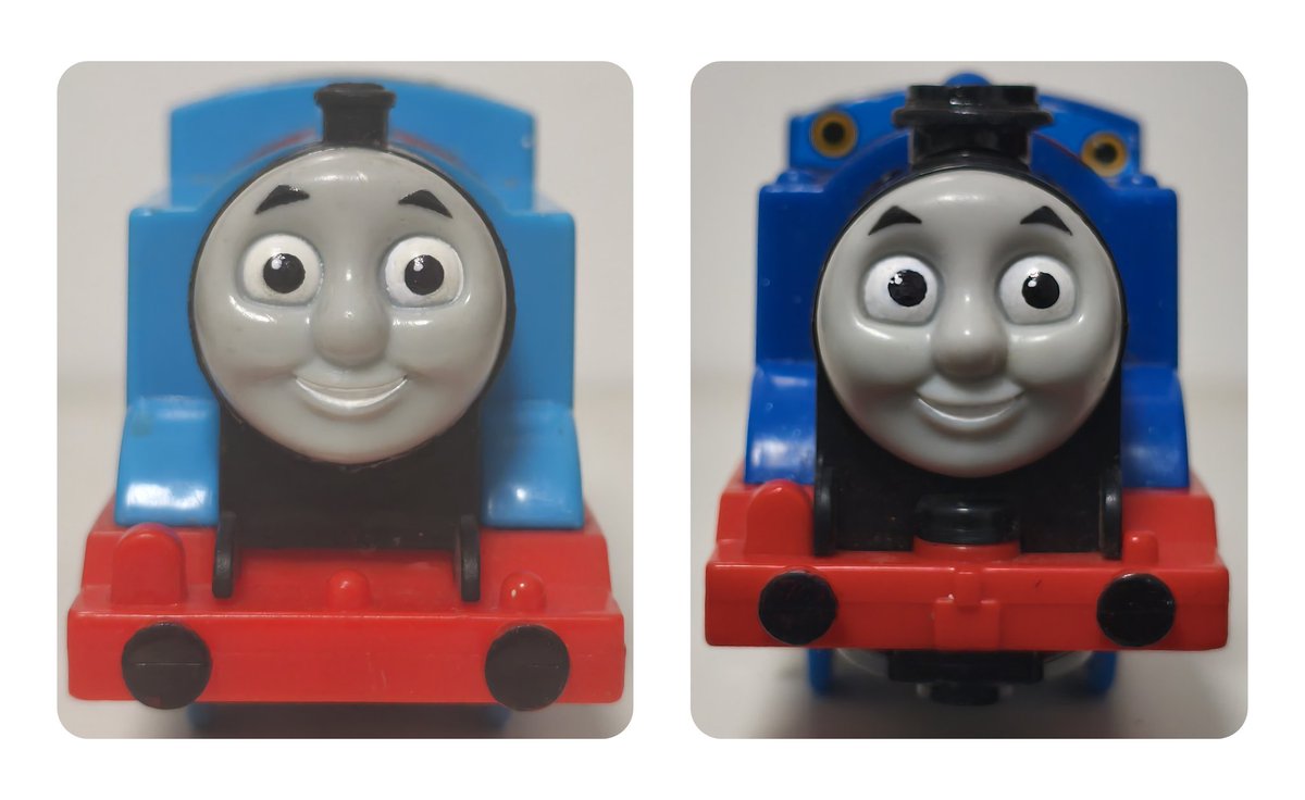EngineBoyF's tweet image. I find MOTORIZED RAILWAY's Thomas Face mount on Track Matser 2014's R/C Thomas and Smoke Thomas a good match ☺️ And at the same time to re-draw their eyes, re-white teeth, so better🤩