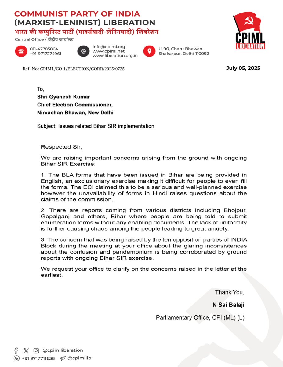 CPI (ML) writes to Election Commission of India regarding glaring problems people are facing due to ongoing SIR in Bihar.