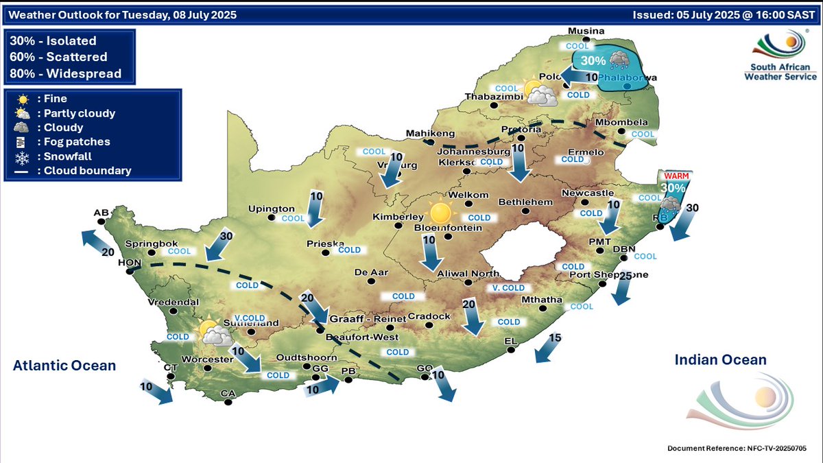Weather outlook for Monday &amp; Tuesday, 7 - 8 July 2025.
Partly cloudy conditions are expected over the north eastern, southern &amp; eastern parts of the country, with isolated rain &amp; showers expected in the southern and eastern parts of the country.Otherwise, fine &amp; cool to very cold