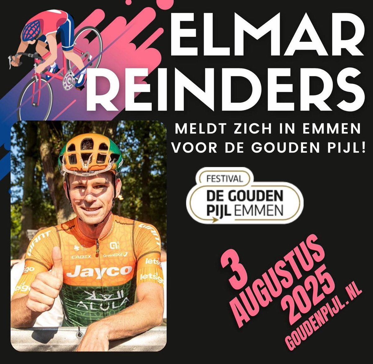 Elmar Reinders is de eerste bevestigde profrenner voor de Gouden Pijl 2025:
goudenpijl.nl/reinders-goude…

Nieuw dit jaar: de Gouden Pijl Run – doe zelf mee op 3 augustus in Emmen.
Inschrijven: goudenpijl.nl/gouden-pijl-run