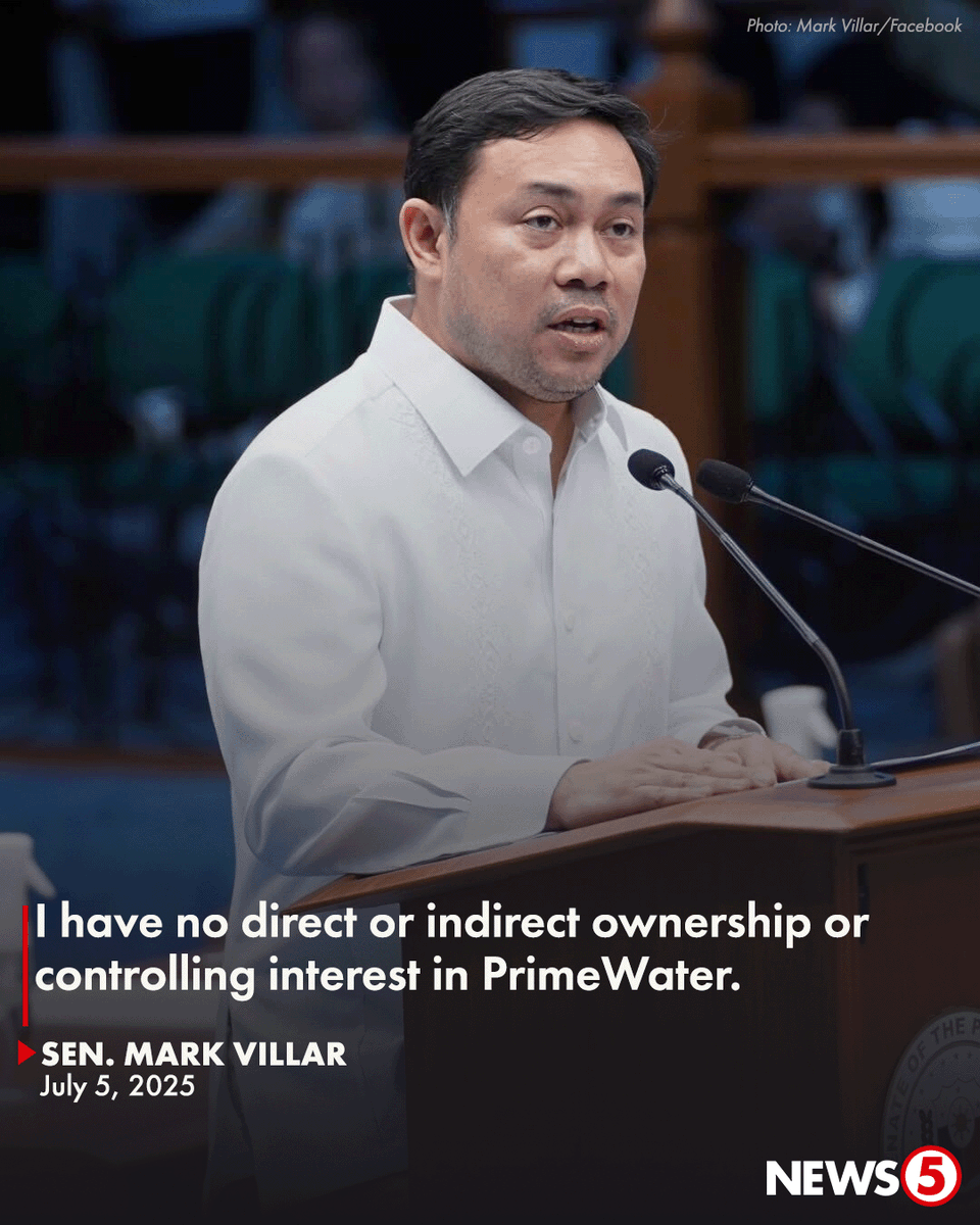 News5PH's tweet photo. SEN. VILLAR SA ISYU NG PRIMEWATER 

Itinanggi ni Senador Mark Villar ang kaniyang koneksyon sa water utility firm na PrimeWater, na pag-aari ng kapatid niyang si Manuel Paolo Villar. 

Kasunod ito ng sinasabing dumami raw ang joint venture agreement nito habang nasa pwesto si Villar sa Department of Public Works and Highways (DPWH).

Aniya, wala siyang kinalaman sa mga naging transaksyon ng PrimeWater at partner districts nito noong siya'y Kalihim ng DPWH.