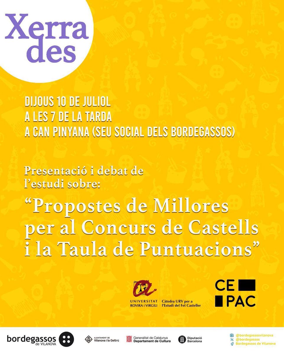 CEPAC (@cepaccastells) on Twitter photo Presentació i debat de l'estudi sobre: "Propostes de Millores per al Concurs de Castells i la Taula de Puntuacions"
🗣️ Dijous 10 de juliol a les 19:00 h
📍 <a href="/bordegassos/">Bordegassos de Vilanova</a>
Juntsment amb <a href="/castellsURV/">Càtedra URV per a l'Estudi del Fet Casteller</a>
Us hi esperem a tothom!
#castells #castellers Presentació i debat de l'estudi sobre: "Propostes de Millores per al Concurs de Castells i la Taula de Puntuacions"
🗣️ Dijous 10 de juliol a les 19:00 h
📍 <a href="/bordegassos/">Bordegassos de Vilanova</a>
Juntsment amb <a href="/castellsURV/">Càtedra URV per a l'Estudi del Fet Casteller</a>
Us hi esperem a tothom!
#castells #castellers