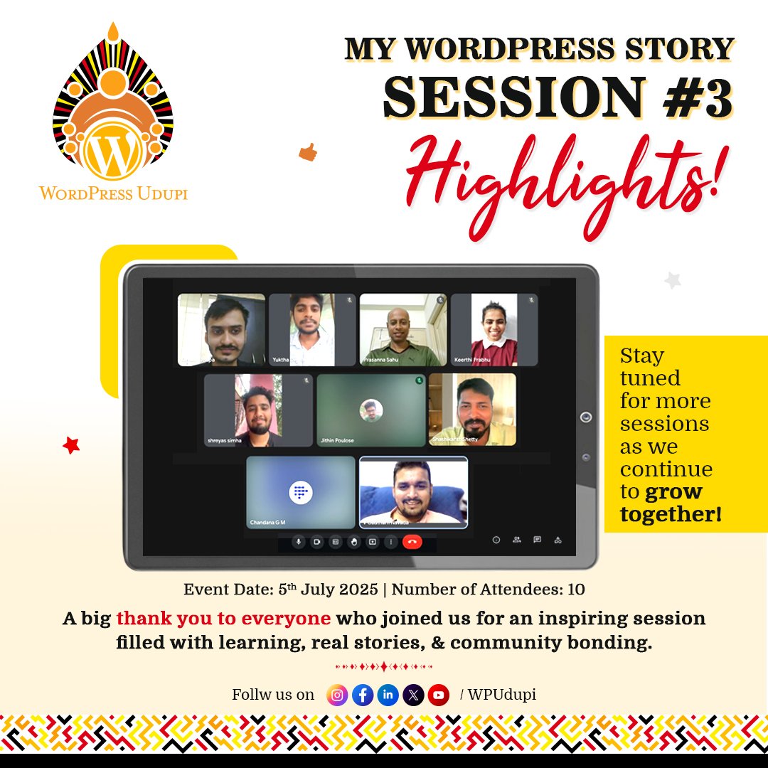 What an inspiring Session #3! 🚀

10 amazing community members came this Saturday (July 5, 2025) for an engaging WordPress Udupi meetup filled with learning, real stories, and community bonding.

Stay tuned for the next one! 🌟

#WpUdupi #Udupi #Manipal #WordPress