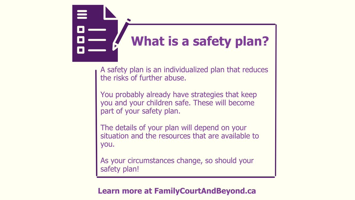 A safety plan reduces the risks of abuse and should address basic needs like income, housing, health care, food, child care, and education. 

Adapt your plan as your situation changes! 

Stay safe and learn more: ow.ly/Un9s50VLCpL