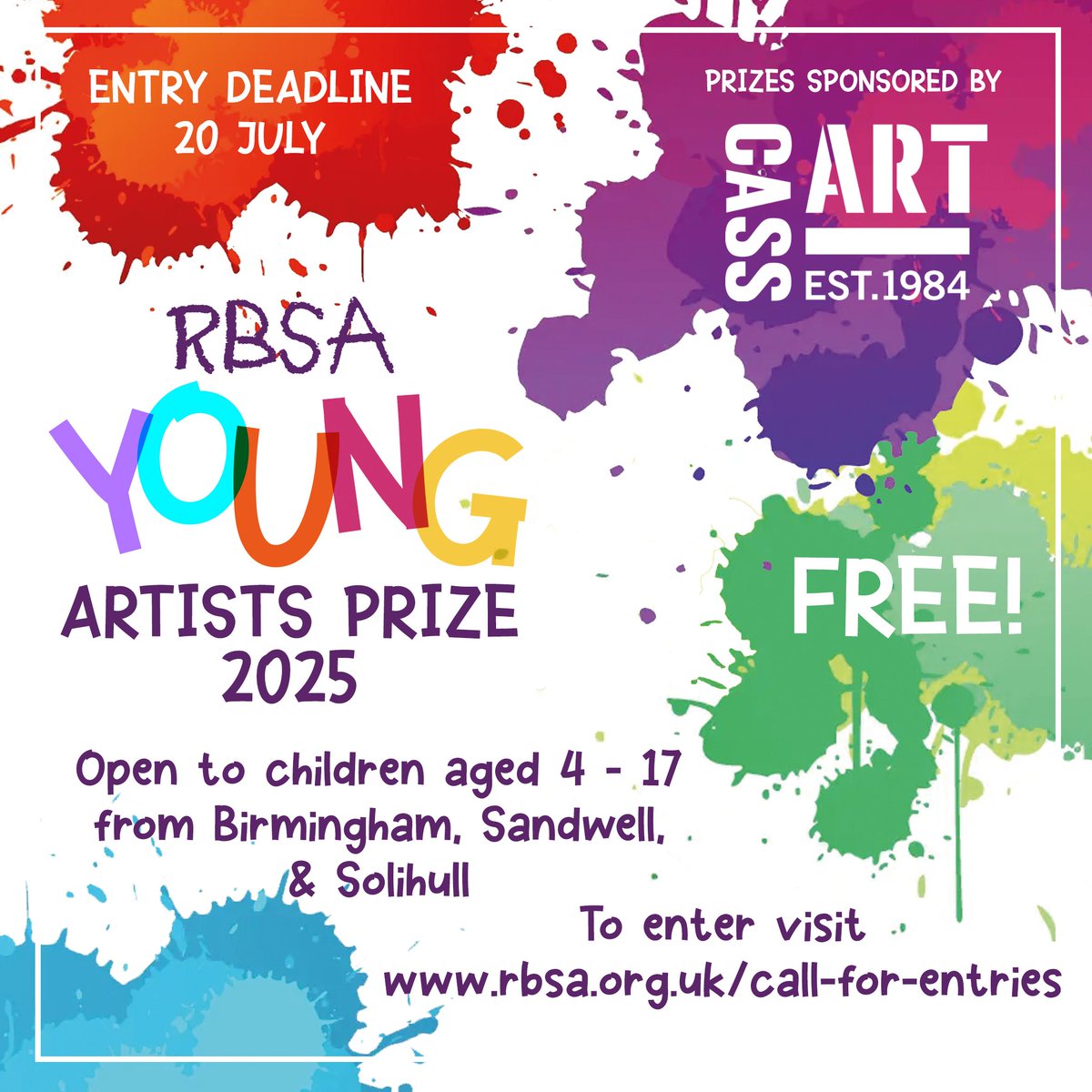 There are just over two weeks left for the region's young artists to submit work for the first ever RBSA Young Artists Prize.

Open to children aged 4-17 from Birmingham, Sandwell, and Solihull, the exhibition is FREE TO ENTER, visit our website bit.ly/4nDnDO0 to enter.