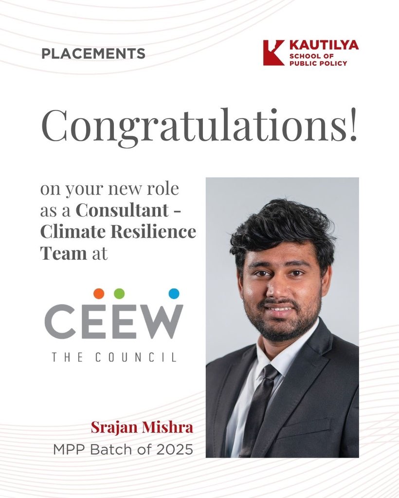 KautilyaSPP's tweet image. Congratulations to Srajan Mishra as he joins the Council on Energy, Environment and Water (CEEW) as a Consultant with the Climate Resilience Team.

Wishing him the best as he contributes to building climate solutions and resilient communities.

#KSPP #MPP2025 #ClimateResilience…