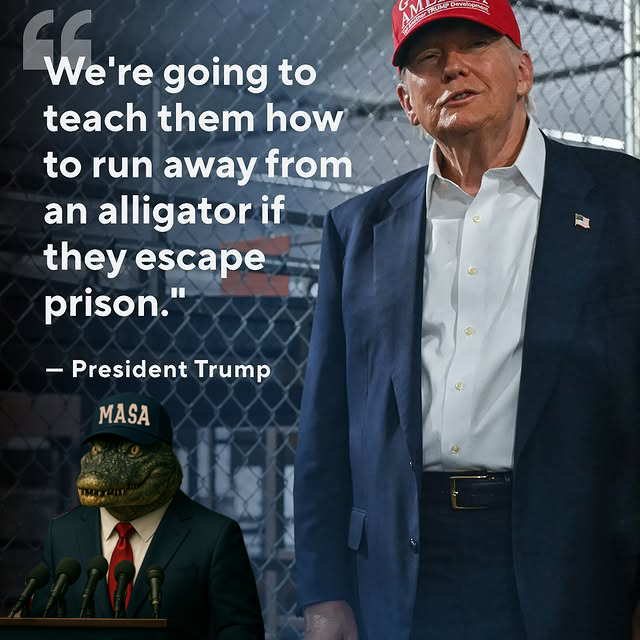 Alligator Alcatraz MASA (@masacoineth) on Twitter photo Hey <a href="/bennyjohnson/">Benny Johnson</a> great report, but you forgot the most important part…
How do you outrun a hungry gator in the territory 🐊
One snap and the border’s safer
You could try escaping… but good luck going against <a href="/realDonaldTrump/">Donald J. Trump</a>’s instructions 🤣
#AlligatorAlcatraz to Hey <a href="/bennyjohnson/">Benny Johnson</a> great report, but you forgot the most important part…
How do you outrun a hungry gator in the territory 🐊
One snap and the border’s safer
You could try escaping… but good luck going against <a href="/realDonaldTrump/">Donald J. Trump</a>’s instructions 🤣
#AlligatorAlcatraz to