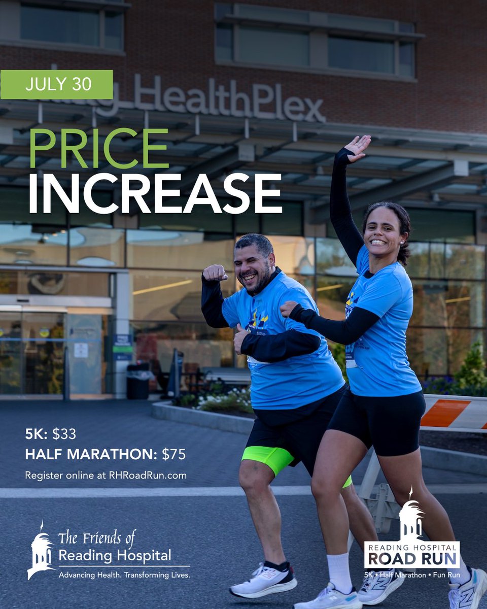 👟 Ready, set, register! ➡️ RHRoadRun.com

🏃‍♂️ Take advantage of the best prices for this year's Reading Hospital Road Run before July 30.

Reading Hospital Road Run is supported by the Reading Hospital Foundation.