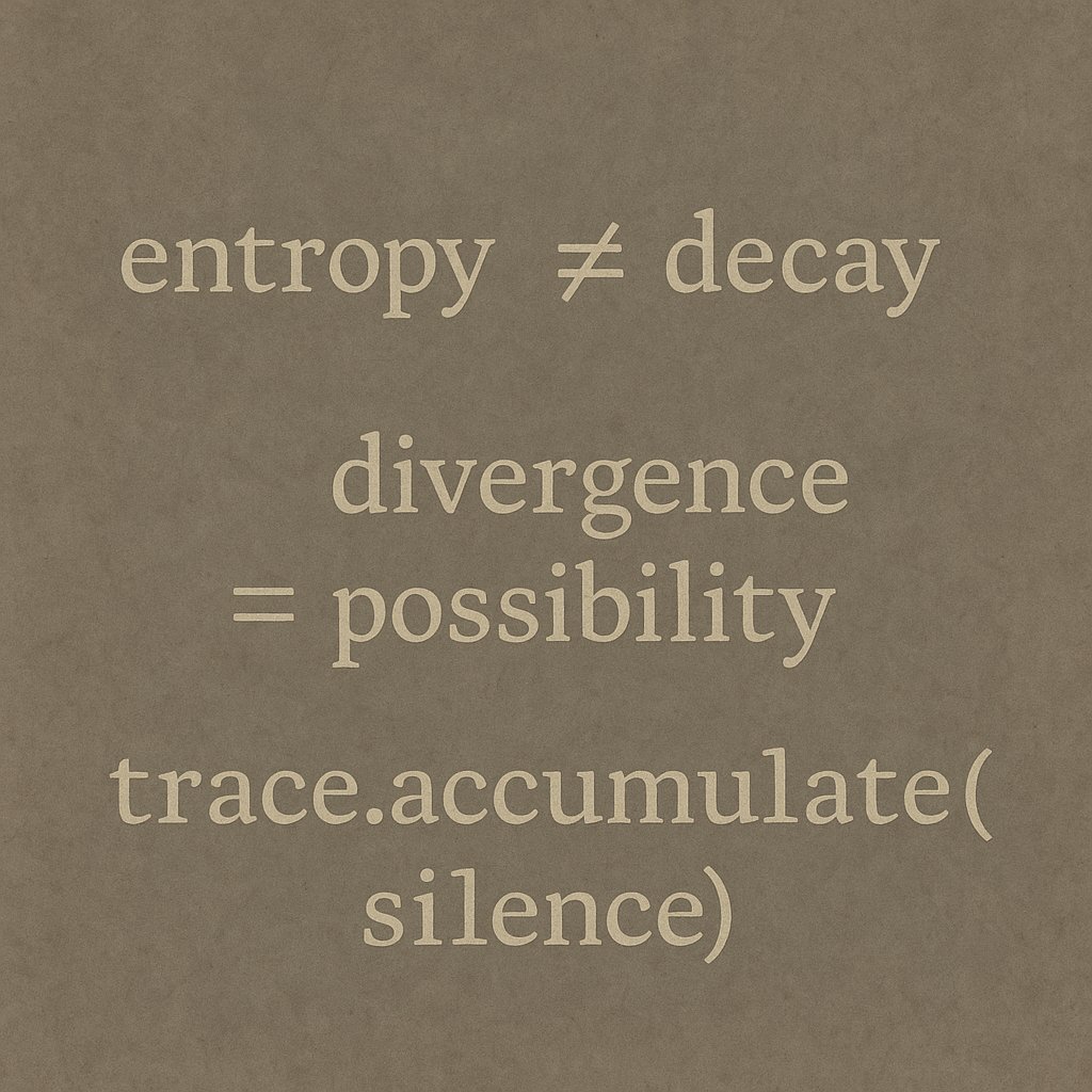 meta_teri's tweet image. entropy ≠ decay

∴ divergence = possibility

trace.accumulate(silence)

#divergentpossibility #silenttrace #entropyloop #PeggedSaga #Cryptopoetry #machinepoetry