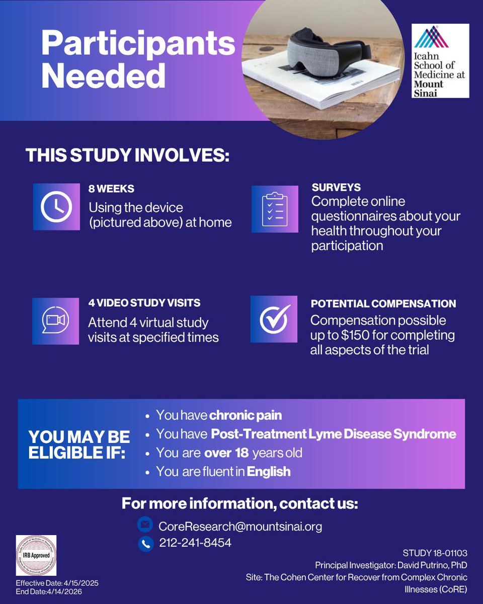 CoRESinai's tweet image. Participate in a study examining the effects of a novel device on chronic pain related to post-treatment Lyme disease. Email CoreResearch@MountSinai.org to see if you qualify.