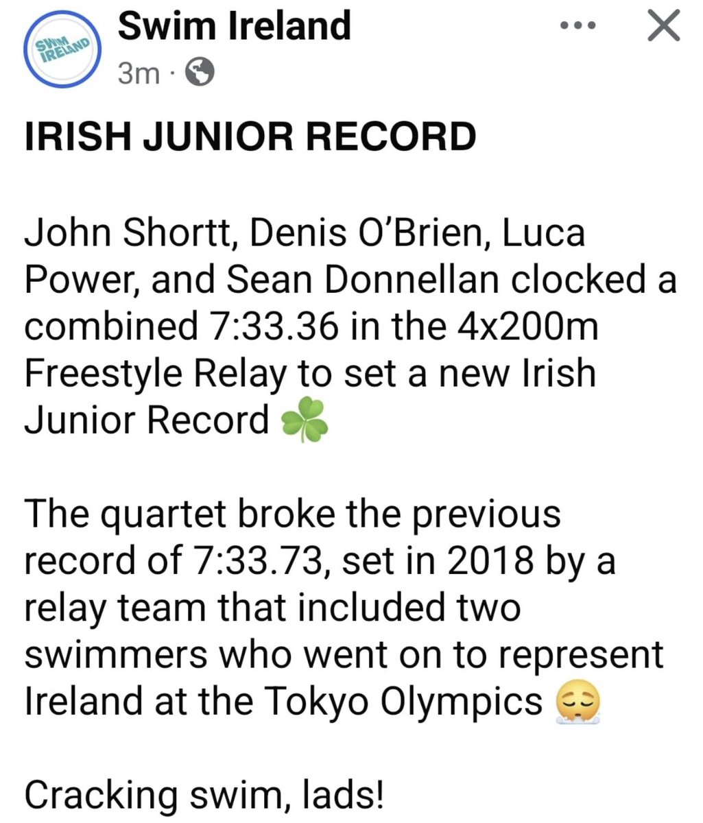 Super Saturday!! Denis O’Brien had the fastest leg on the 4x200m relay to help the junior team to a new national record at the Euro u20s! 

Amazing!! 🥳🌟🤩