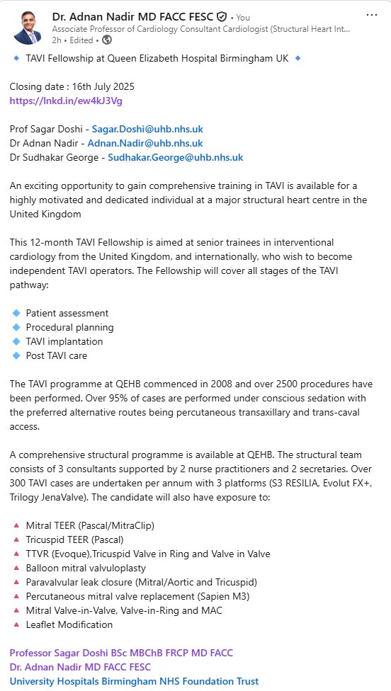 Adnan Nadir (@tribelesssapien) on Twitter photo I am excited to announce a 12-month Fellowship that has become available @ Queen Elizabeth Hospital, Birmingham UK
Closing date: 16th July
Start date: Flexible
Apply here: jobs.nhs.uk/candidate/joba…
<a href="/mmamas1973/">Mamas A. Mamas</a> <a href="/ShrillaB/">Dr Shrilla Banerjee MD FRCP 💙</a> <a href="/GilbertTangMD/">Dr. Gilbert Tang</a> I am excited to announce a 12-month Fellowship that has become available @ Queen Elizabeth Hospital, Birmingham UK
Closing date: 16th July
Start date: Flexible
Apply here: jobs.nhs.uk/candidate/joba…
<a href="/mmamas1973/">Mamas A. Mamas</a> <a href="/ShrillaB/">Dr Shrilla Banerjee MD FRCP 💙</a> <a href="/GilbertTangMD/">Dr. Gilbert Tang</a>