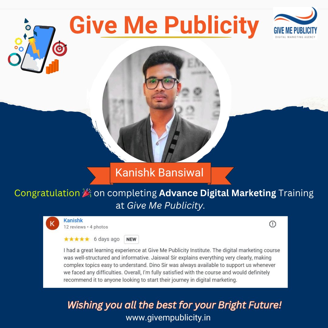 GiveMePublicity's tweet photo. Congratulations to Kanishk Bansiwal for successfully completing the Advanced Digital Marketing course at Give Me Publicity! 🚀
Your dedication and passion for learning will take you far.
Wishing you a bright and successful future ahead! 🌟
#DigitalMarketing #GiveMePublicity https://t.co/mL0MirQ5ZH