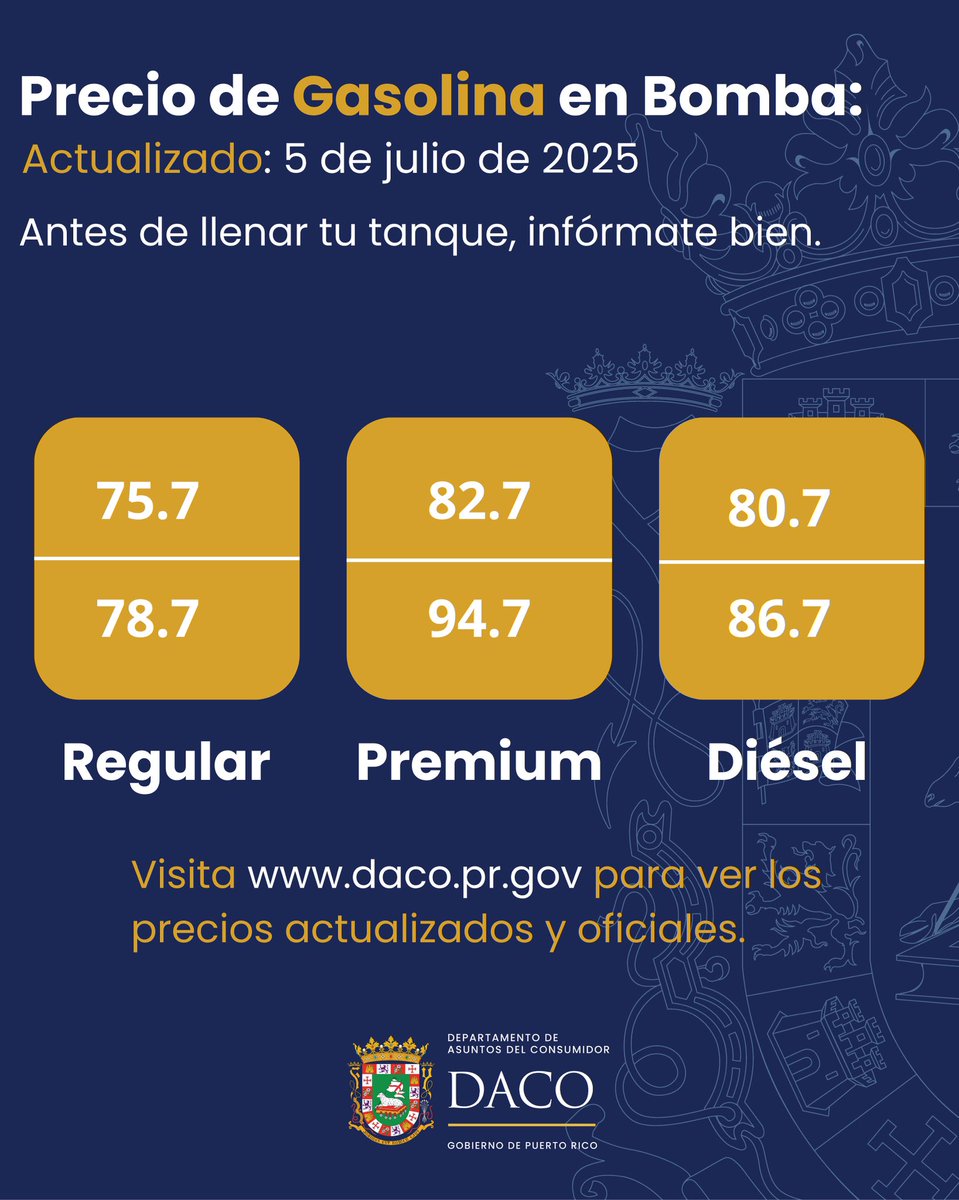 DACO (@dacoatufavor) on Twitter photo ⛽ Hoy, 5 de julio, DACO publica el precio de la gasolina en bomba.
Monitoreamos diariamente para proteger tu bolsillo.
📲 Más info: daco.pr.gov
📩 confidencia@daco.pr.gov
#DACOSomosTodos ⛽ Hoy, 5 de julio, DACO publica el precio de la gasolina en bomba.
Monitoreamos diariamente para proteger tu bolsillo.
📲 Más info: daco.pr.gov
📩 confidencia@daco.pr.gov
#DACOSomosTodos