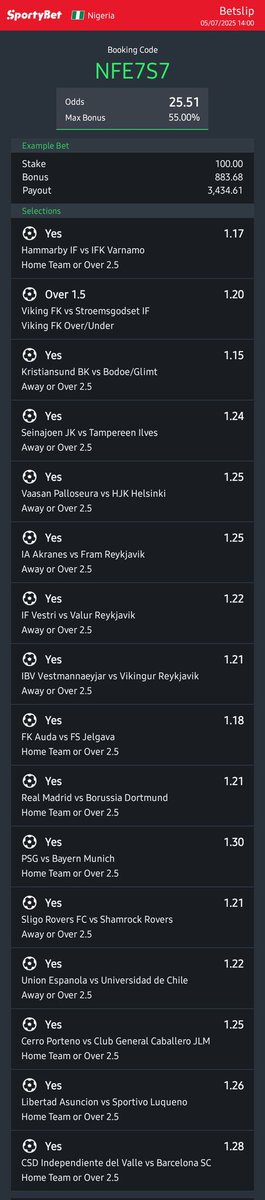 Favourites Win or Over 2.5 Goals 🔥 

Let's Play Again 🍻

2️⃣5️⃣+ Odds 

Code 👉 NFE7S7 

Bookie 👉  SportyBet 

Telegram 👇

t.me/+KWr6AJDliBw1Y…

RT ✅️