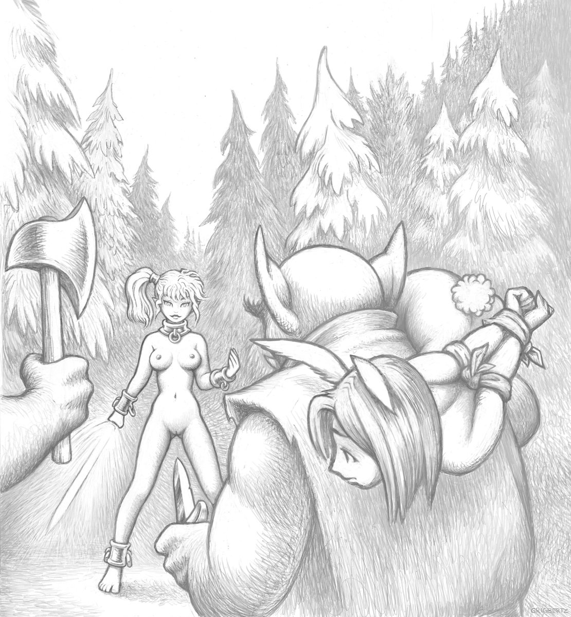 Grigbertz's tweet photo. Naked Road Patrol

Wearing unremovable magic armor that leaves her nude but powerful, Toryx easily defeats a band of hobgoblin raiders. Now one of the town’s strongest adventurers, she easily handles solo missions and frees yet another captive bunny girl along the way. https://t.co/SZfEGHxj6B