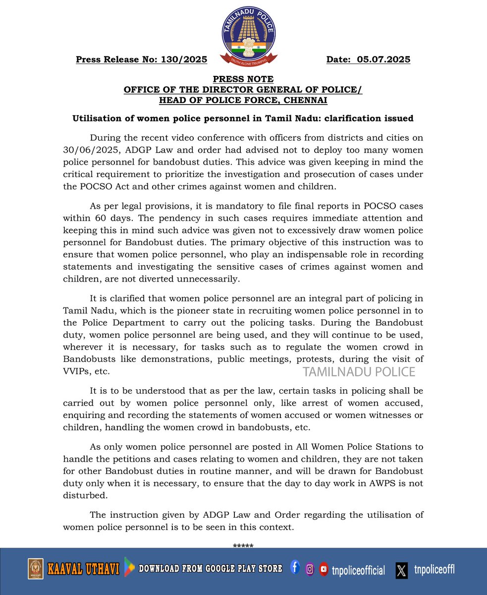Utilisation of women police personnel in Tamil Nadu: clarification issued by Office of the Director General Of Police/Head Of Police Force, Chennai.

play.google.com/store/apps/det…
 
#Women_Police #Work_Allocation #Utilisation #Case_Handling #women&amp;children #TamilNaduPolice #TNPolice