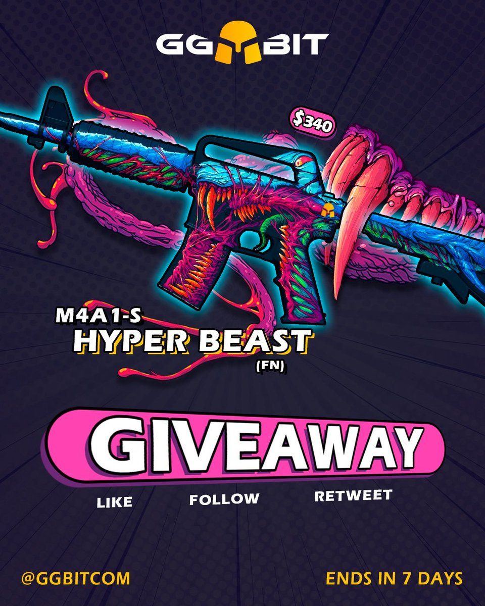 🎁 M4A1-S | Hyper Beast FN ($340)

👉 TO ENTER :

✅ Follow me &amp; <a href="/GGBITCOM/">GGBIT</a>
✅ Retweet + Like
✅ Tag 2 Friends

⏰ Giveaway ends in 7 days!