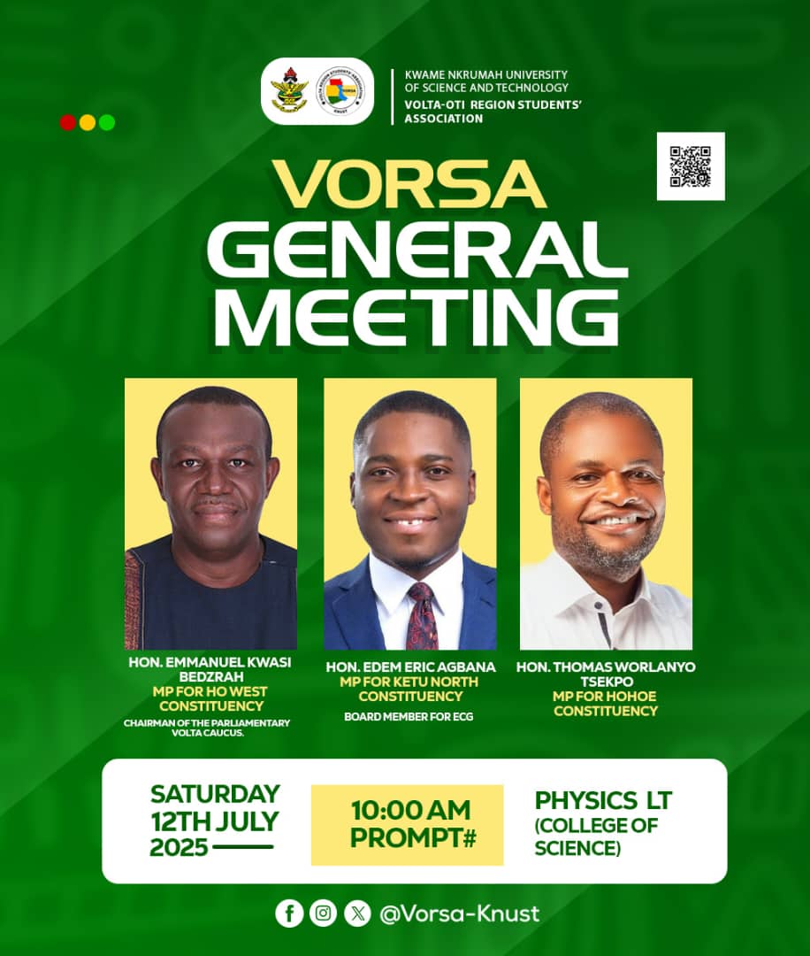 KnustVorsa's tweet photo. ✨️GENERAL MEETING 

 VORSA GET READY🔥❤️

IT COMING ON🔥. 

 Join us as we open the doors of opportunities, connect, and rebuild a strong bond🔥💯.
Come and have a good time with our speakers @edemagbana
@ekbedzrah 
@honThomasWorlanyoTsekpo
©️ VORSA-MEDIA https://t.co/dRMePh3d11