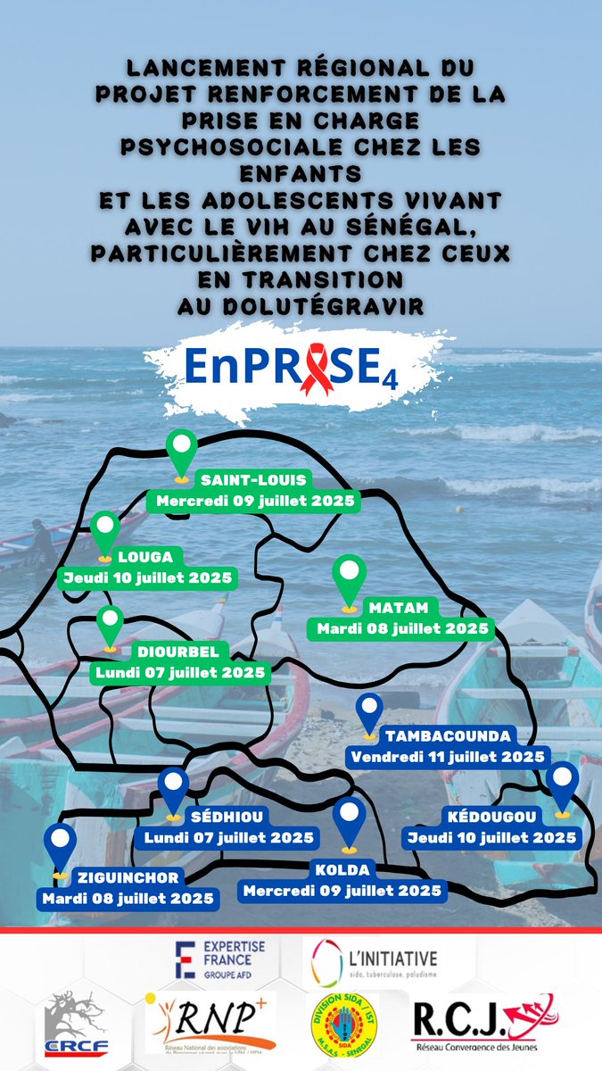 CrcfDakar's tweet photo. Du 7 au 11 juillet 2025, lancement du projet EnPRISE 4 dans les régions Sud et Nord du Sénégal. Une initiative menée par le CRCF, la DLSI, le Réseau VIH et Convergence Jeunes pour améliorer les soins aux enfants et ados vivant avec le VIH. #Sénégal
https://t.co/Y38qk8AGqe https://t.co/W2R6zU3W60