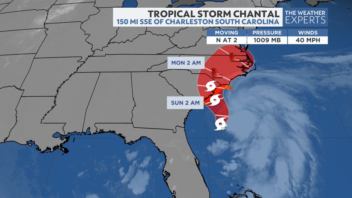 SAT. AM UPDATE: Tropical Storm Chantal is located in the Atlantic Ocean with maximum sustained winds 40 mph. It's moving north at 2 mph. It's expected to move across the coast of South Carolina Sunday morning.