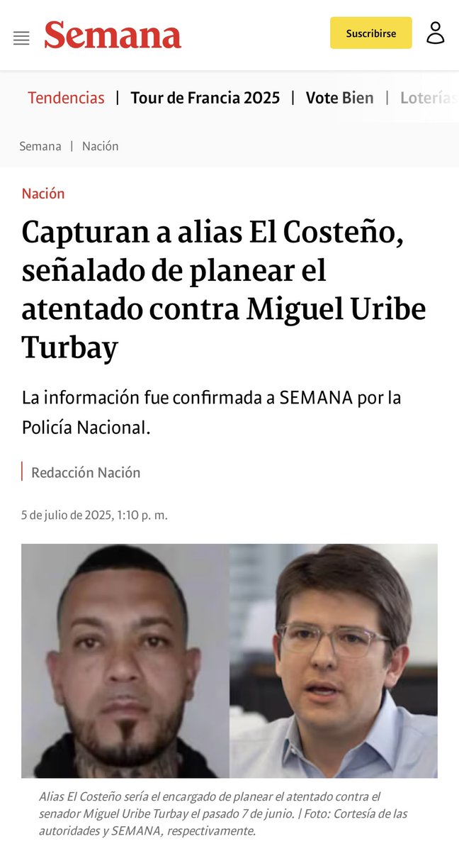 Atentos: alias “El Costeño” fue capturado. Se trata de una ficha clave en el crimen contra Miguel Uribe. Este hombre es el que tiene vínculos con Ecuador. 

semana.com/nacion/articul…