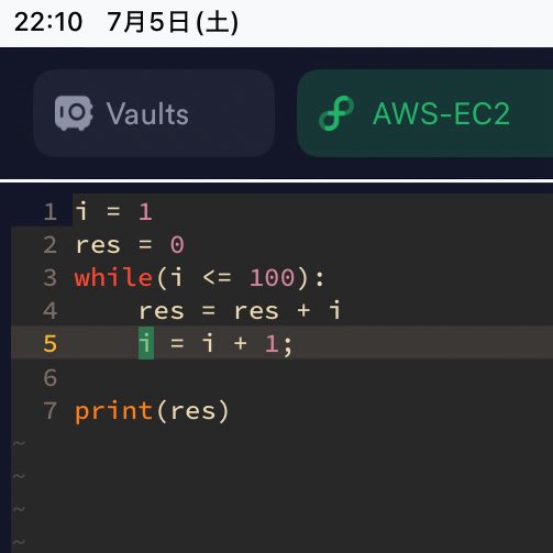 ken7python's tweet photo. AWSサーバーにiPadとTermiusでSSH接続して、VimでPythonの1から100までの足し算を書いて実行してみた!
モバイルでの開発環境構築、思ったより快適で感動した〜✨
#AWS #Vim #Termius #Python #プログラミング初心者 #エンジニア勉強垢 https://t.co/oM8Reis4h1